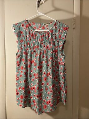 Pleione Teal Floral Smocked Cap-Sleeve Top